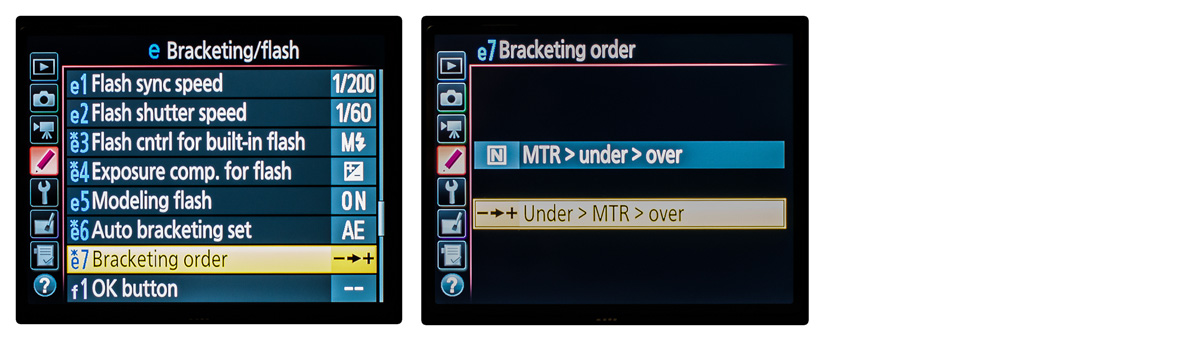 High Dynamic Range D750 settings for Auto Exposure Bracketing screens order