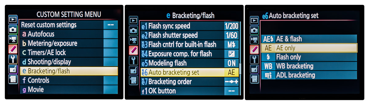 High Dynamic Range D750 settings for Auto Exposure Bracketing screens