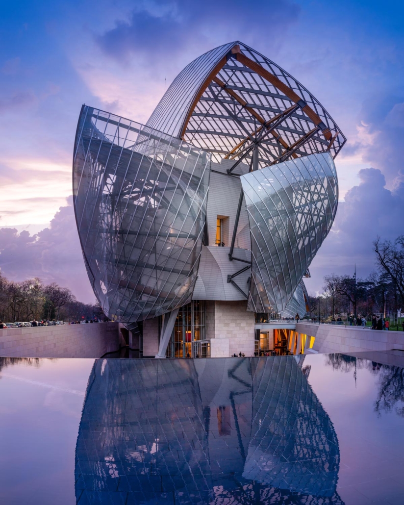 HDR picture of the Louis Vuitton Foundation building in Paris with beautiful sky and reflection